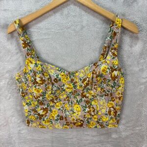 ASTR The Label Floral Print Crop Top Sweetheart Neckline Yellow Brown Size S